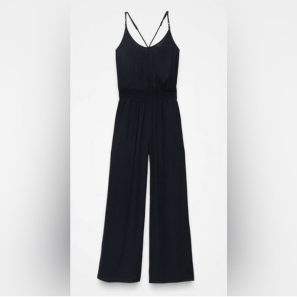 Prana Fernie Wide Leg Jumpsuit Black Crinkle Tencel Criss Cross Back XS S - Picture 4 of 5